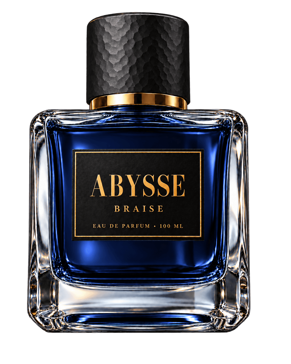 Flacon carré ÉRÈBE Abysse au jus bleu nuit, bouchon noir martelé, étiquette noire aux lettres or.