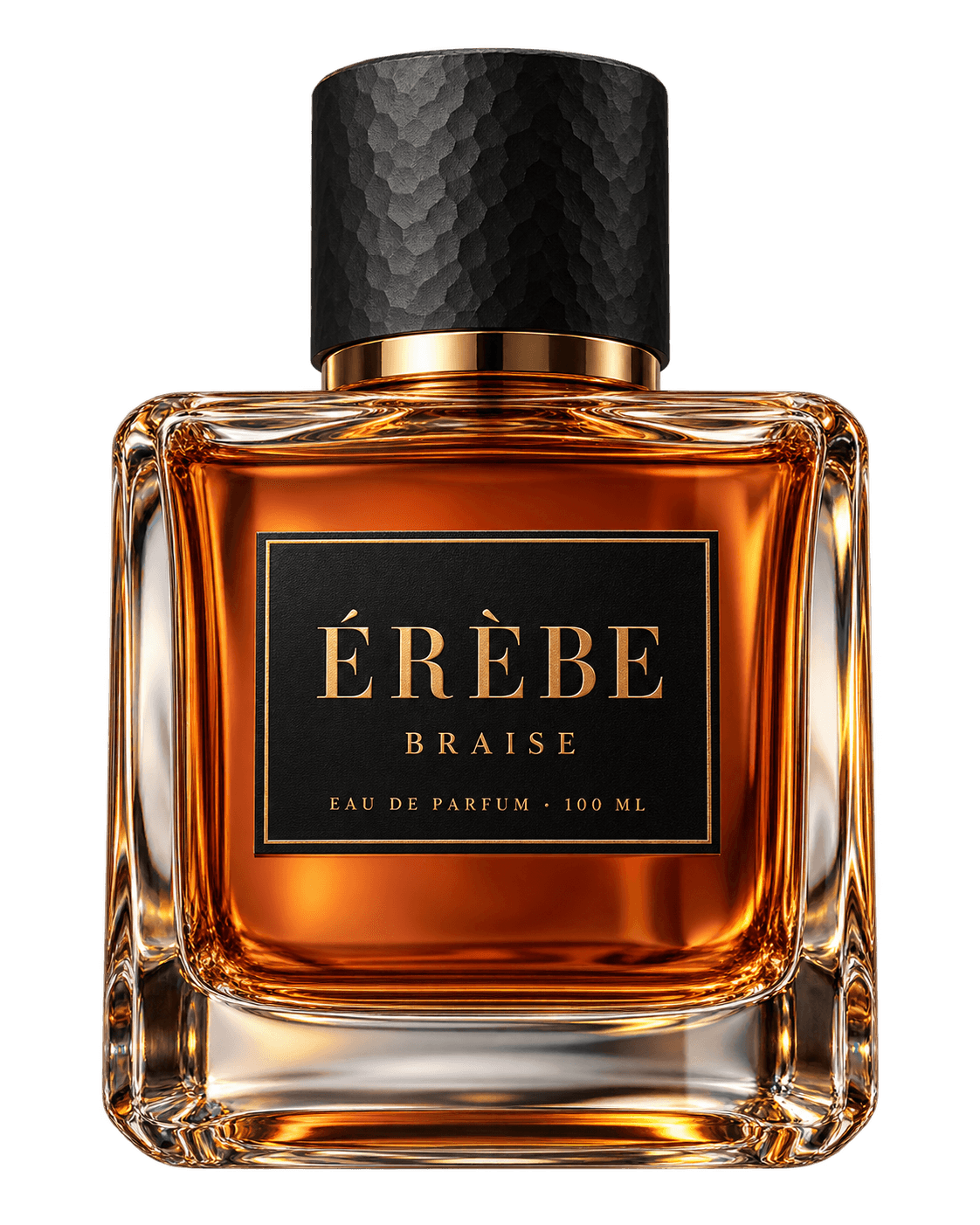Flacon carré ÉRÈBE Braise en verre ambré, bouchon noir martelé, étiquette noire aux lettres or.