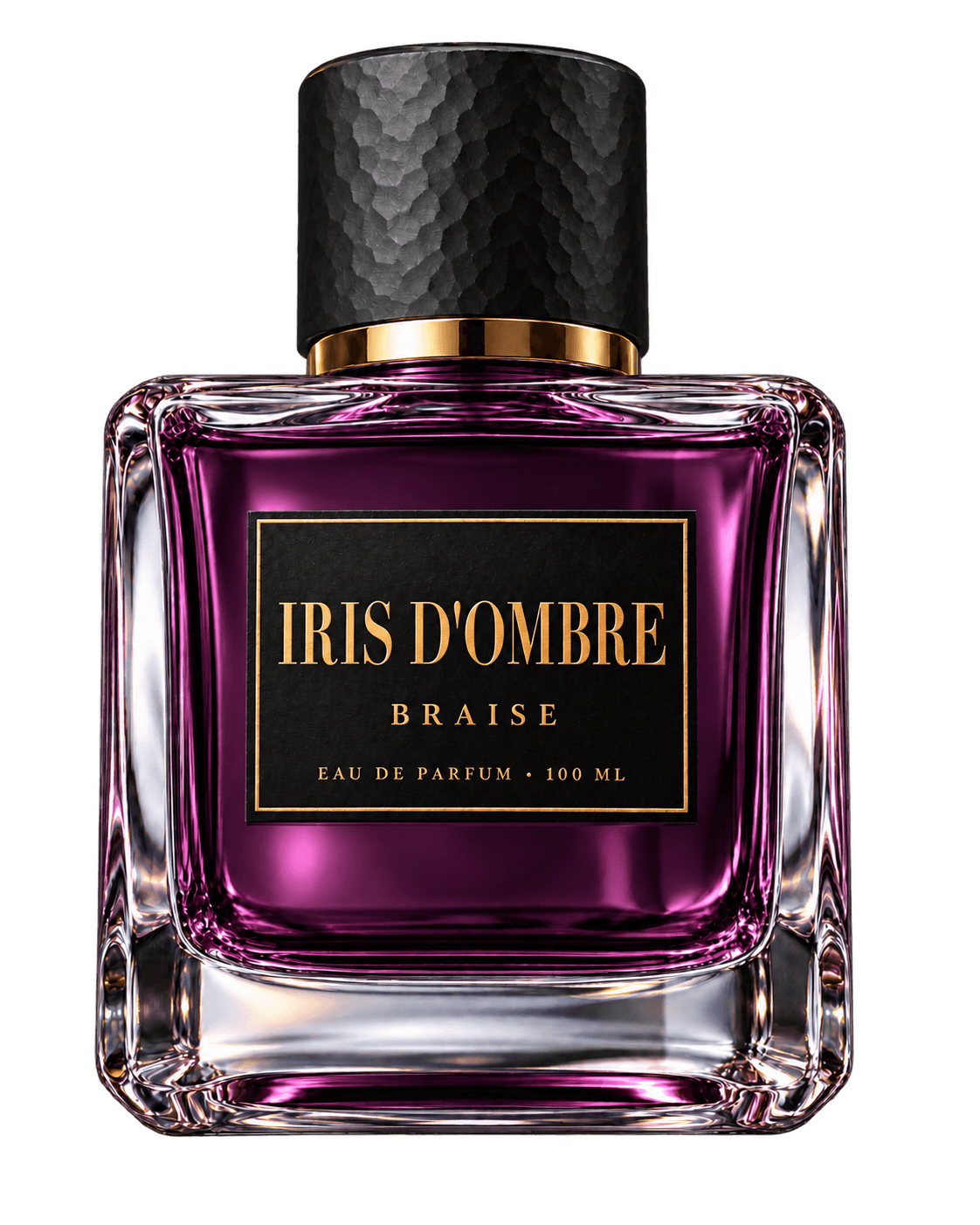 Flacon carré ÉRÈBE Iris d'Ombre au jus violet, bouchon noir martelé, étiquette noire aux lettres or.