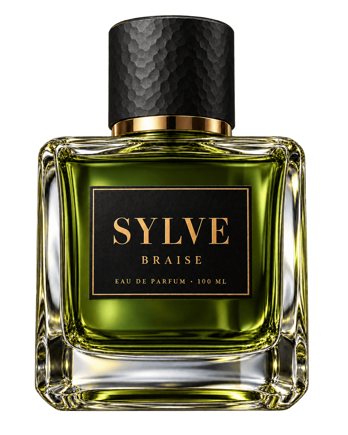 Flacon carré ÉRÈBE Sylve en verre vert, bouchon noir martelé, étiquette noire aux lettres or.